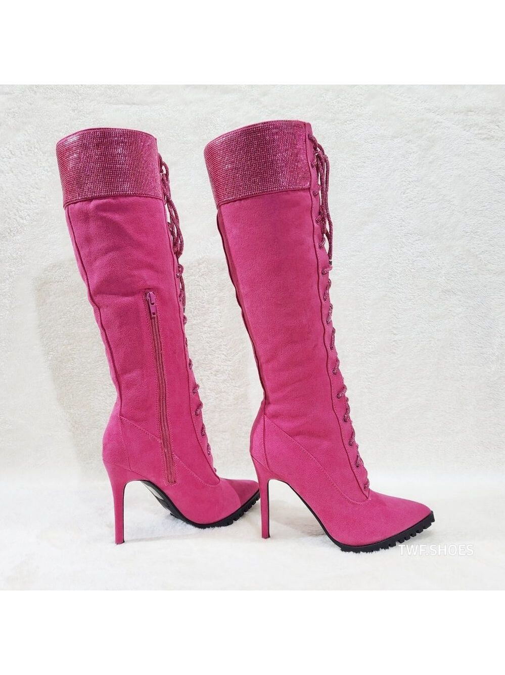 Queens FX Suede & Rhinestone Pointy Toe High Heels Stiletto Lace Up Knee Boots - Picture 2 of 14